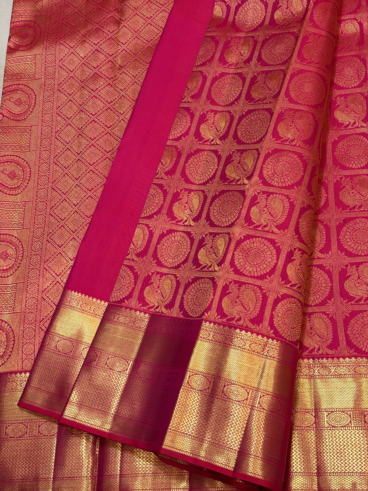 Rani Pink Peacock Brocade Kanchipuram Bridal Silk Saree